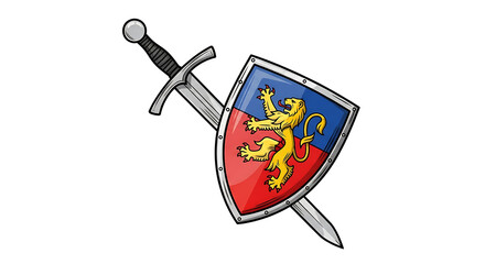 Detailed Cartoon Sword and Shield with Lion Rampant Heraldic Elements