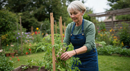 Senior woman with denim apron caring for tomato plants in colorful flower garden. Retirement hobbies and organic gardening for senior lifestyle and wellness programs