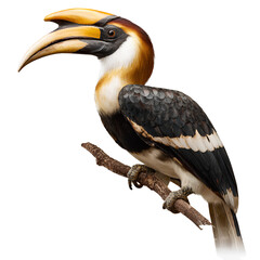Fototapeta premium A hornbill bird perched with large curved beak, full-body cutout on transparent background