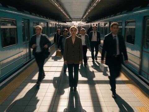 Woman Stands Firm Amidst Blurred Crowd on Subway Platform