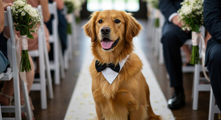 Golden retriever wearing black bow tie at wedding ceremony with white chairs and flowers. Pet wedding accessories and formal events for party planning services