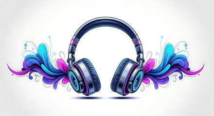 Modern Colorful Headphones with Decorative Abstract Swirls and Vibrant Glow