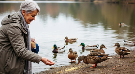 Senior woman feeding ducks at lake wearing beige jacket and scarf outdoors. Retirement activities and nature connection for senior lifestyle and wellness programs