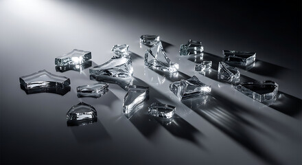 Sharp Reflections of Broken Glass Shards on a Gray Surface Still Life