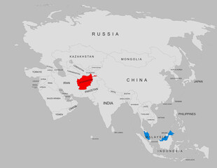 Obraz premium Political map of Afghanistan and Malaysia with country borders