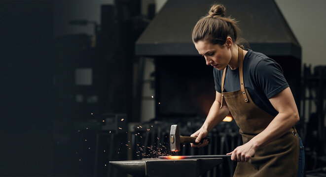 Woman blacksmith forging hot metal with hammer creating sparks in workshop. Traditional craftsmanship and metalworking for artisan services and handmade product marketing - Powered by Adobe