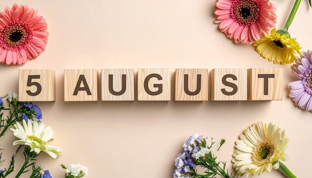 Wooden Blocks with Date 5 August. Floral Calendar – Vibrant Flowers on Solid Colored Background