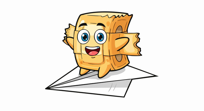 Cute cartoon toilet paper character riding a paper airplane.