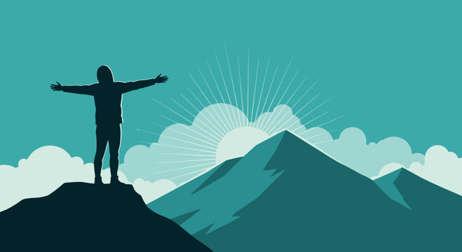 Silhouette of a person on mountain top with arms raised toward the sky and sun