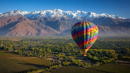 Take a hot air balloon ride over the snow-capped mountains and watch colorful baskets glide through the vibrant mountain landscape, capturing the stunning natural scenery.