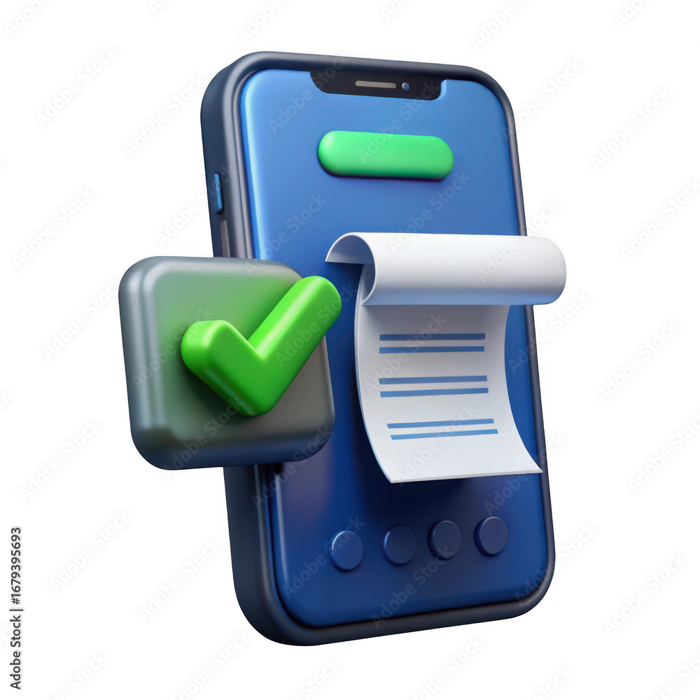 Poster 3d smartphone with digital receipt and checkmark isolated on transparent background