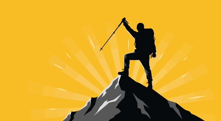 Obraz premium Silhouette of Hiker Celebrating Success on a Mountain Peak with a Yellow Background