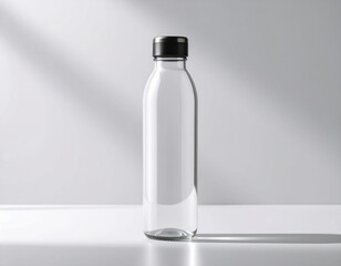 Sleek, empty glass bottle with black cap, illuminated by soft light.