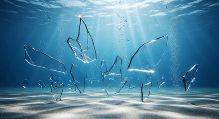 Ethereal Glass Fragments Floating Mysteriously in an Underwater Scenery Image