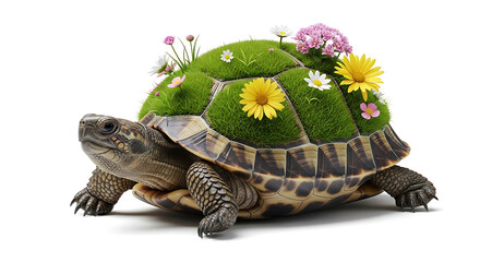 Detailed Digital Rendering of a Turtle Shell with Grass and Flowers