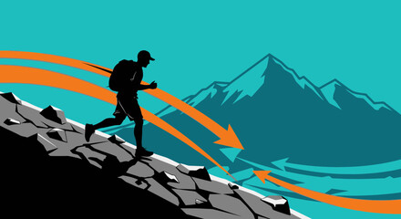 Obraz premium Silhouette runner with backpack climbing a mountain with stylized arrows showing direction