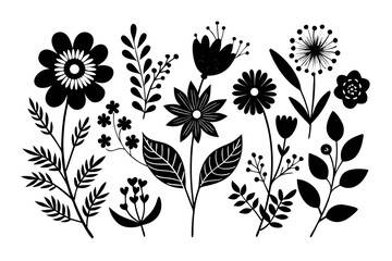 Boho Floral Collection Black Silhouette Vector Illustration on White Background