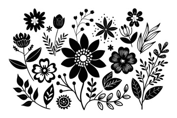 Boho Floral Collection Black Silhouette Vector Illustration on White Background