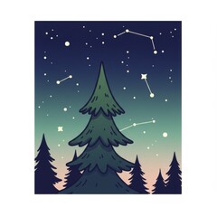 Pixel Art Night Sky with Star Constellations and Pine Trees Forest Scene