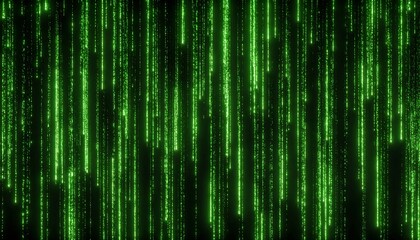 Vertical streams of glowing green code on black background