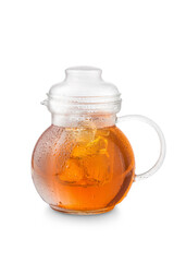 glass teapot with cold tea, ice, white background
