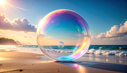 Colorful bubble on a beach at sunrise
