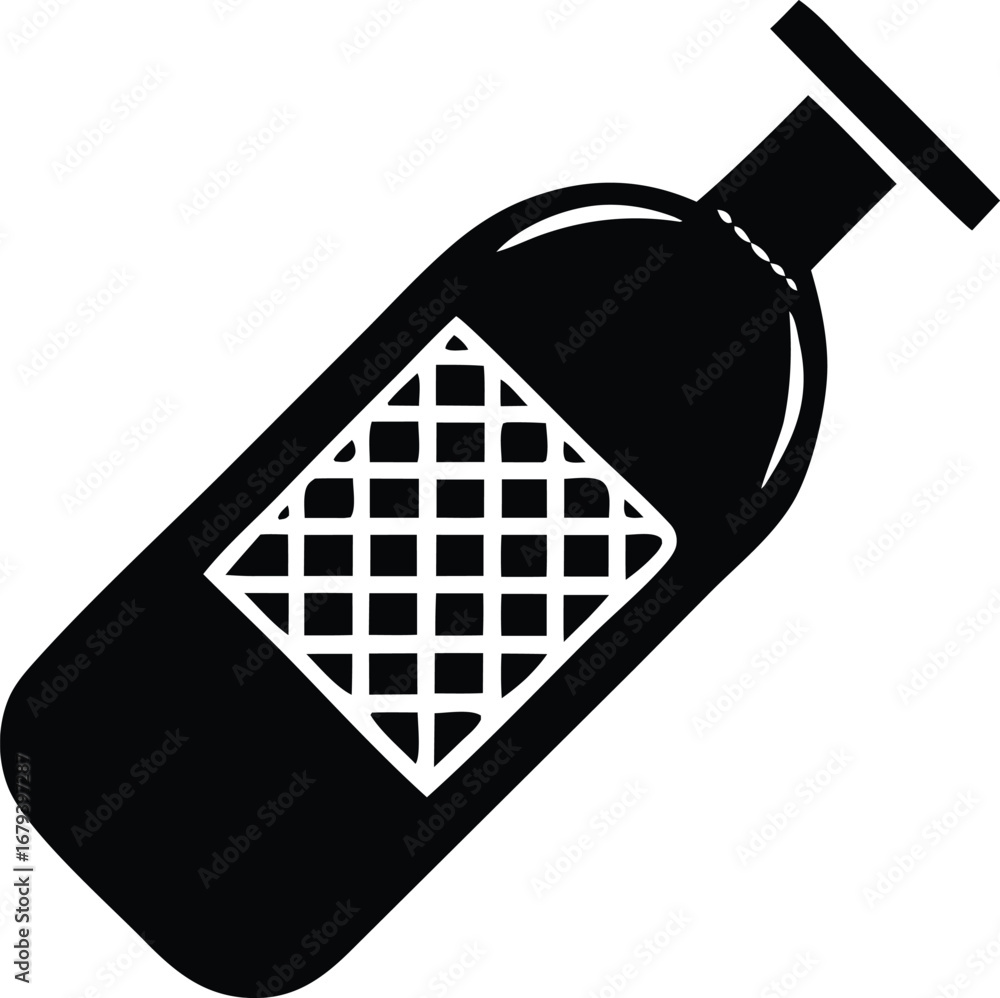 Poster simple silhouette of a bottle with a grid pattern label and a cap indicating contents for a clean de