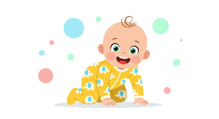 Naklejka premium Smiling Baby Crawling With Elephant Print Outfit And Colorful Confetti Background