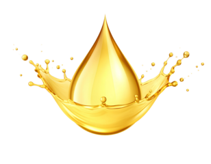 A thick gold color oil drop with splashes isolated on a transparent background.