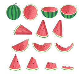 A Set of Watermelon Illustrations, Including Whole, Slices, and Bitten Pieces.