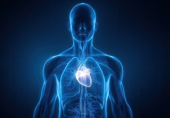 Detailed 3D anatomical rendering of the human heart and surrounding circulatory system