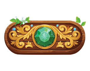 An ornate wooden plaque featuring a large emerald gemstone surrounded by detailed gold scrollwork.