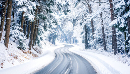 Obraz premium Winding winter road through snow-covered forest trees