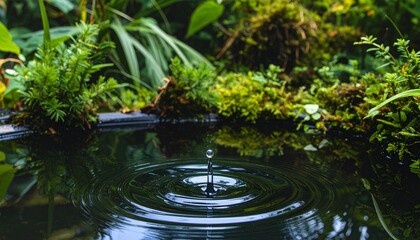 A tranquil moment of a single water droplet hitting a still pond, creating concentric ripples in a lush, mossy green garden, symbolizing purity and serenity