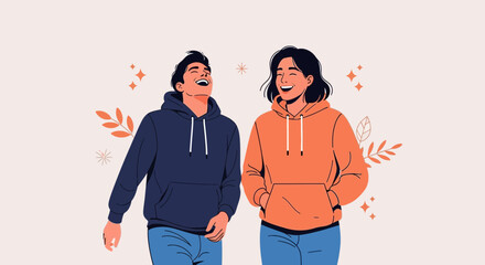 Fototapeta premium Smiling Couple in Hoodies, Joyful Friendship or Relationship Vector Illustration