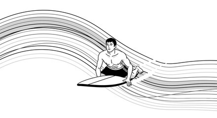 Surfer riding wave, vector illustration of water sport in black and white