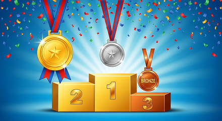 Realistic Detailed Podium with Gold Silver Bronze Medals and Confetti Illustration
