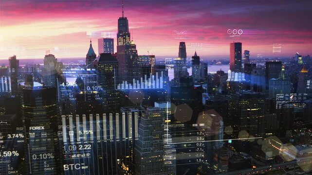 Aerial City Skyline With Digital Overlay Of Stock Market Charts, Graphs, And Cryptocurrency Data Representing Global Finance, Trading, And Economic Technology. N&rdquo;ew York City. US.