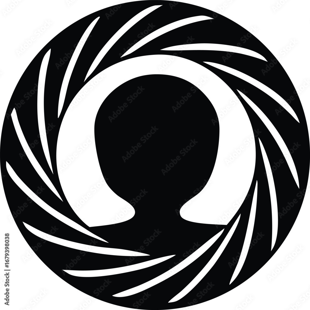Poster abstract circular symbol silhouette person head profile in swirling frame represents identity unity 