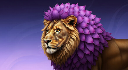 Detailed Majestic Lion with Purple Lotus Flower Mane Illustration