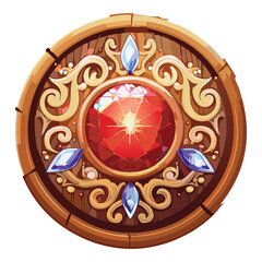 Regal circular wooden shield with a prominent red gemstone and elegant carvings, a powerful and detailed fantasy design