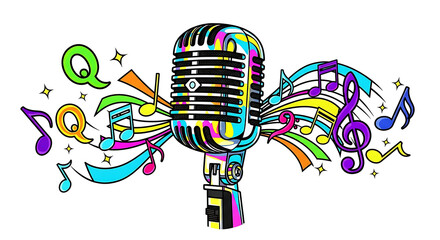 Colorful Handdrawn Vintage Microphone with Musical Note and Wave Illustration