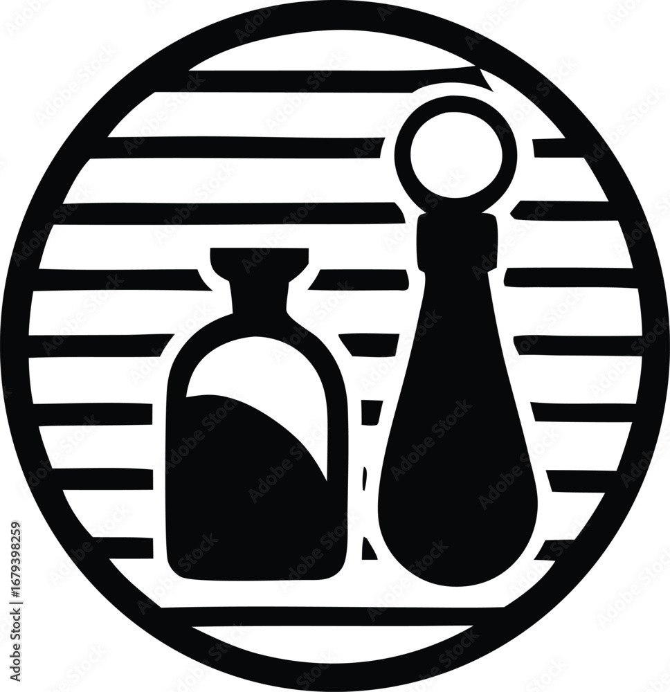 Poster abstract silhouette of two glass bottles with horizontal lines inside a circle perfect for branding 