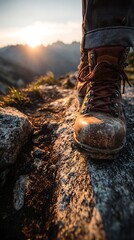 High quality image of close-up of hiker's boots on rocky mountain trail at sunset.