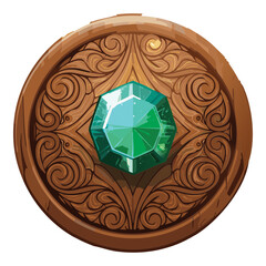 Ornate wooden and golden ornamental piece with a large green gemstone at its center, surrounded by intricate wood carvings and spirals