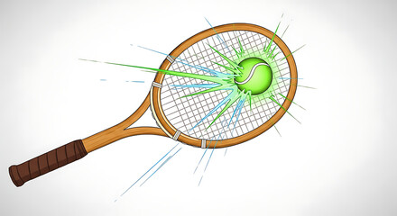 Cartoon Tennis Ball Impacting Racket with Explosive Energy Illustration Asset