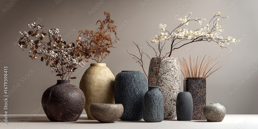 Poster elegant display of various textured vases and natural elements on a soft background