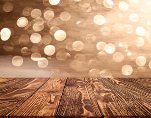 Wooden table with golden bokeh background