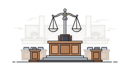 Minimalist Outline Courthouse Interior with Scales of Justice Illustration