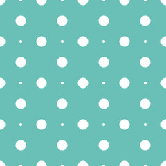 Seamless pattern of white polka dots on a teal background, ideal for design projects and backgrounds